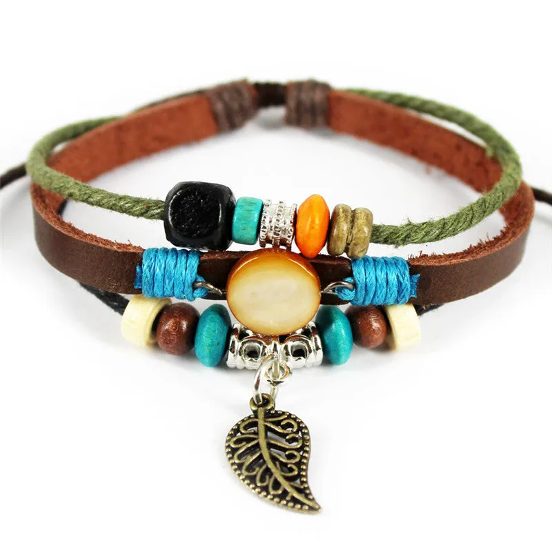 Fashion Punk Retro Alloy Leaf Pendant Adjustable Rope Braided Bracelet Leather Bracelets & Bangles For Women Men Charm Jewelry