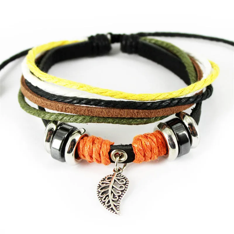 Fashion Punk Retro Alloy Leaf Pendant Adjustable Rope Braided Bracelet Leather Bracelets & Bangles For Women Men Charm Jewelry