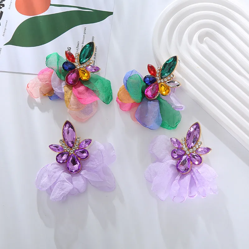 Fashionable Fabric Flower Super Sparkling Color Diamond Earrings