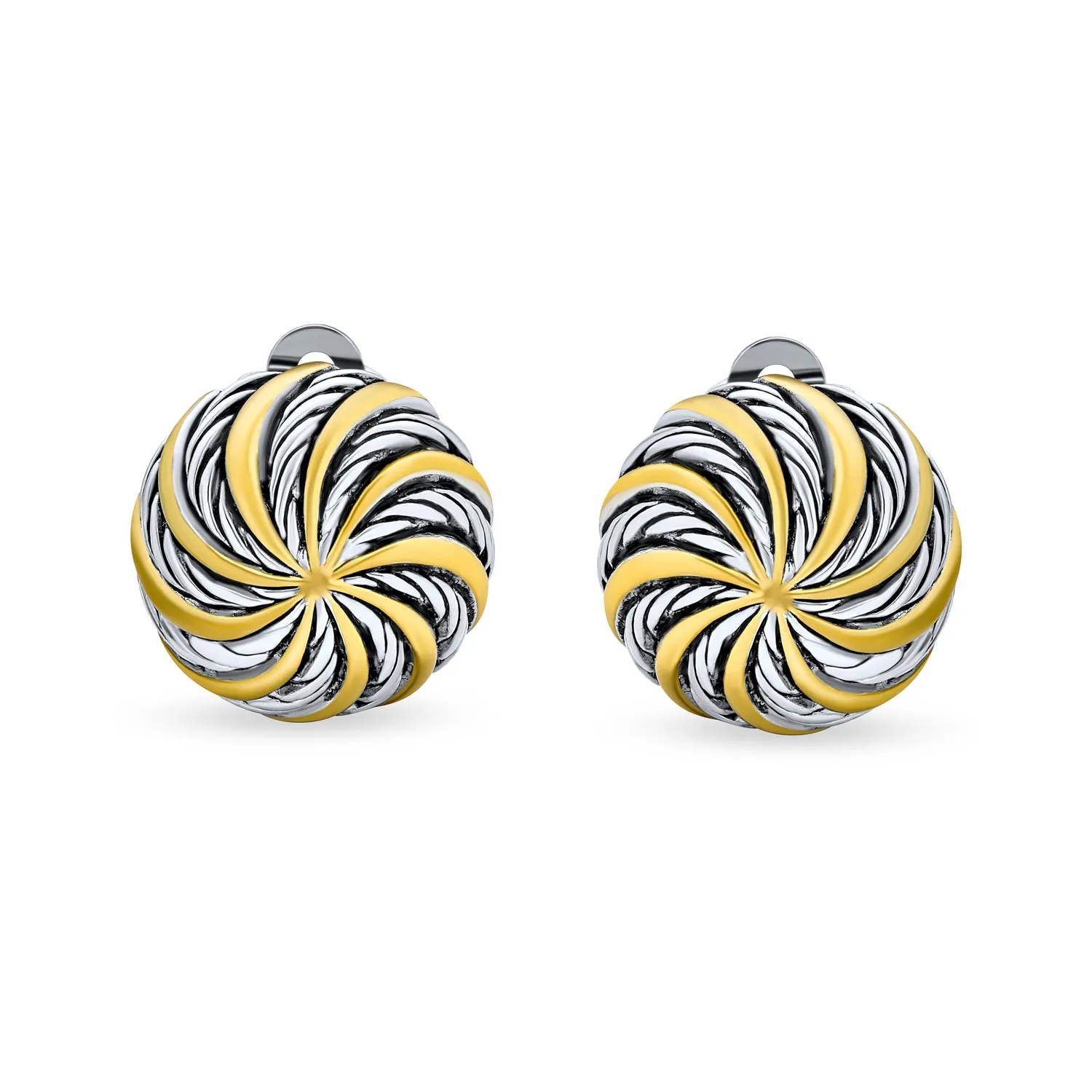 Geometric Swirl Clip-On Earrings Two-Tone Round Disc Non-Pierced Ears Black & Gold