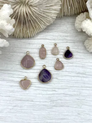 Gold Over Brass Soldered Natural Pink or Purple Quartz Drop Pendant with, 5 Styles Semi-Precious Gemstones Sold by the Piece.  Fast Ship