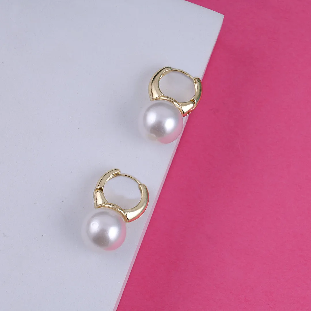 Gold Plate Pearl Drop Hoop Earrings