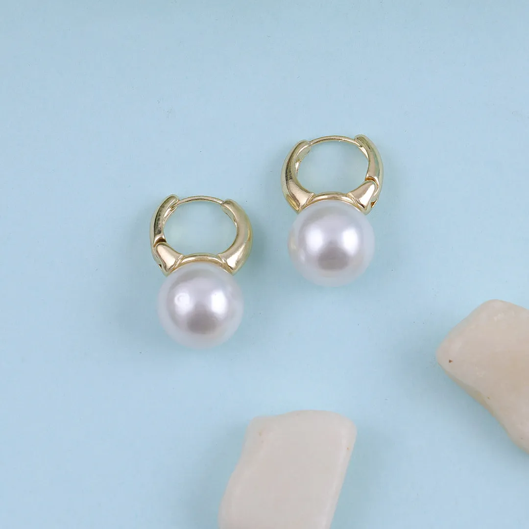 Gold Plate Pearl Drop Hoop Earrings