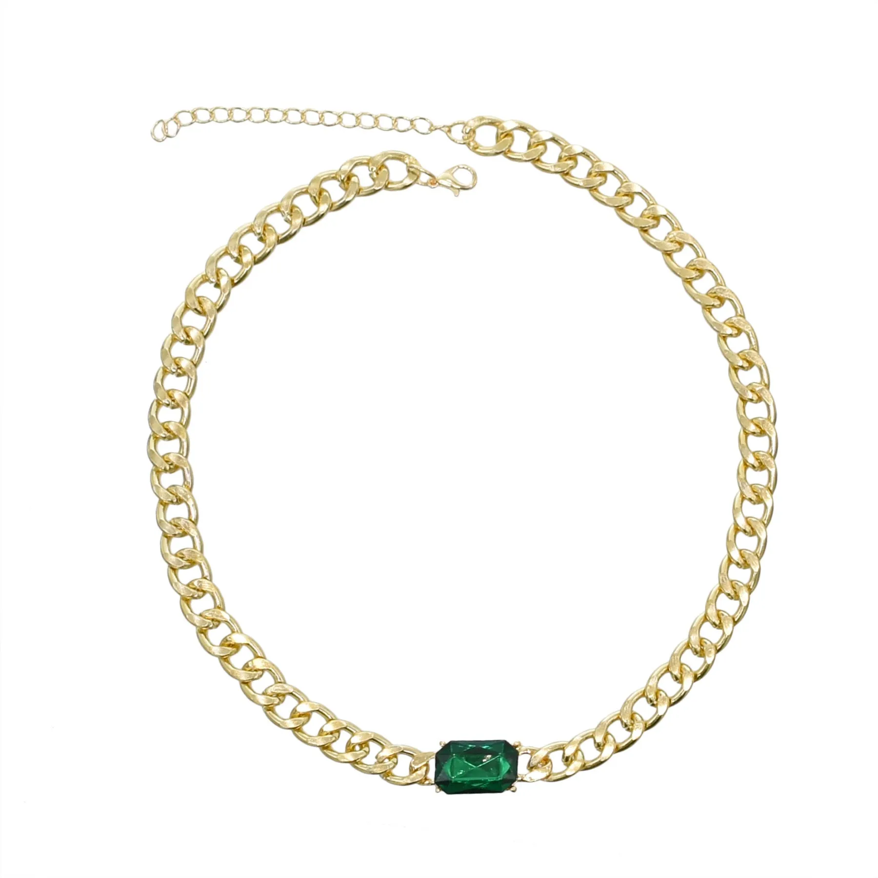 Gold-Plated Chain Necklace with Emerald Green Crystal – Elegant Statement Jewelry-jltn0522