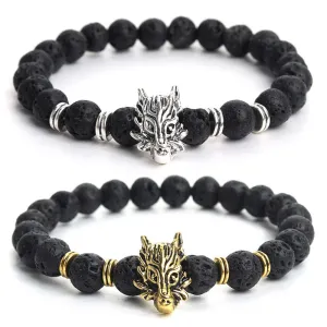 Gold/Silver Plated Wolf Head Bracelet Men Natural Black Lava Volcanic Stone Beaded Bracelets Women