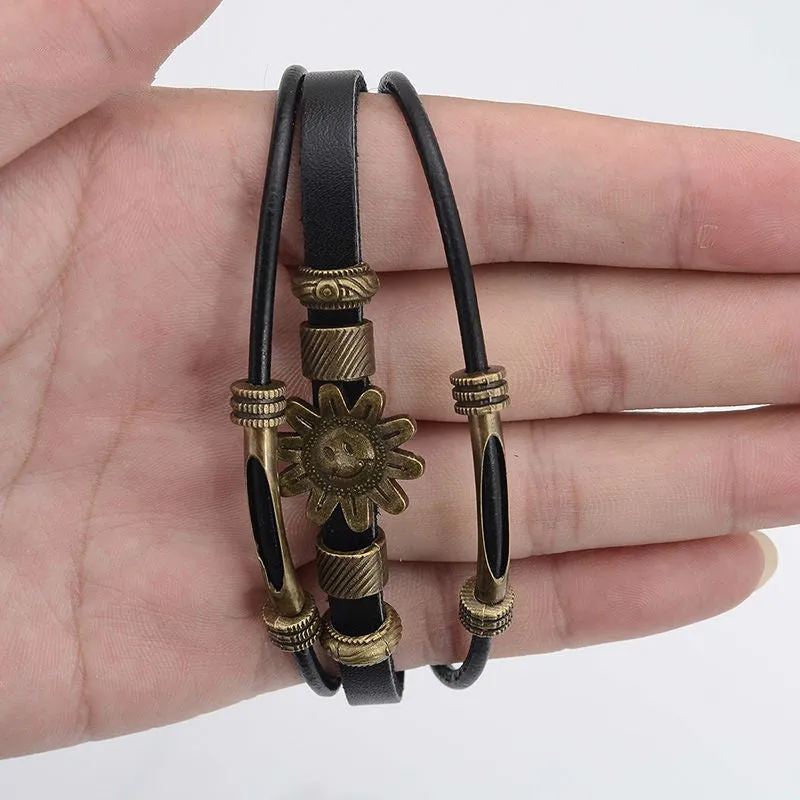 Hot Sale Vintage Flower Design Multilayer Wrap Bracelet Punk Braid Wrist Leather Charm Bracelet for Men Casual Jewelry