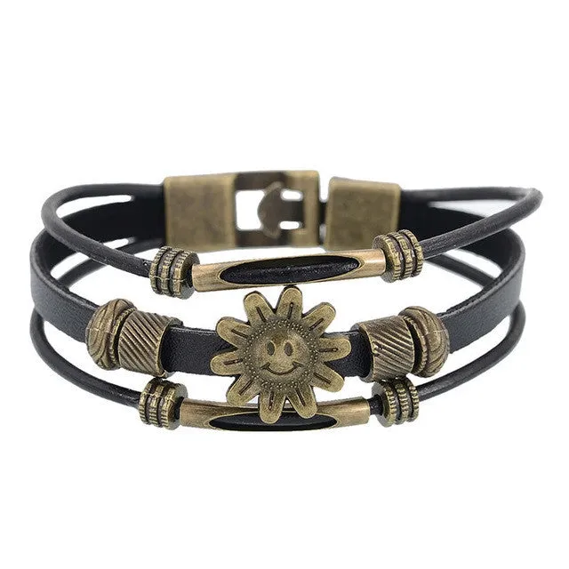 Hot Sale Vintage Flower Design Multilayer Wrap Bracelet Punk Braid Wrist Leather Charm Bracelet for Men Casual Jewelry