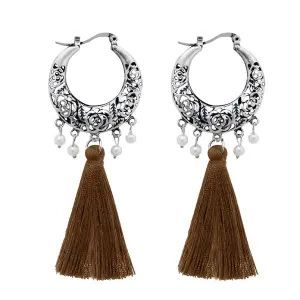 Jeweljunk Brown Thread Rhodium Plated Tassel Earrings