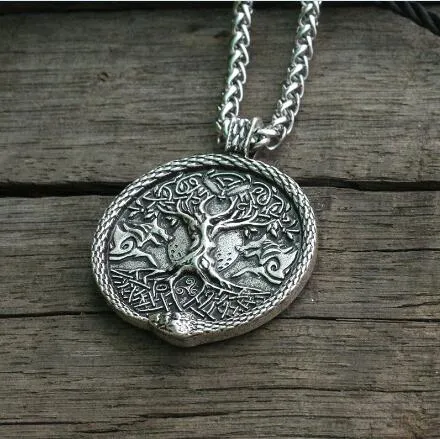 lanseis 1pcs viking necklace men pendant wolf and snake talisman norse world tree jewelry moon with Pentagram pendant