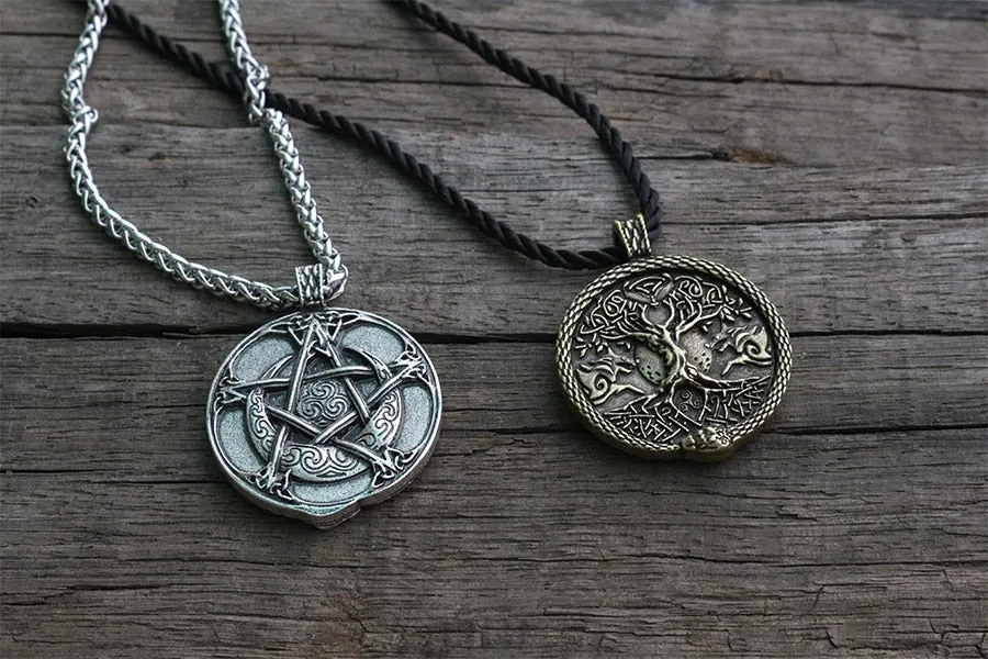 lanseis 1pcs viking necklace men pendant wolf and snake talisman norse world tree jewelry moon with Pentagram pendant