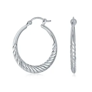 Lightweight Ribbed Shrimp Style Hoop Huggie Earrings Sterling Silver 1.25 Inch