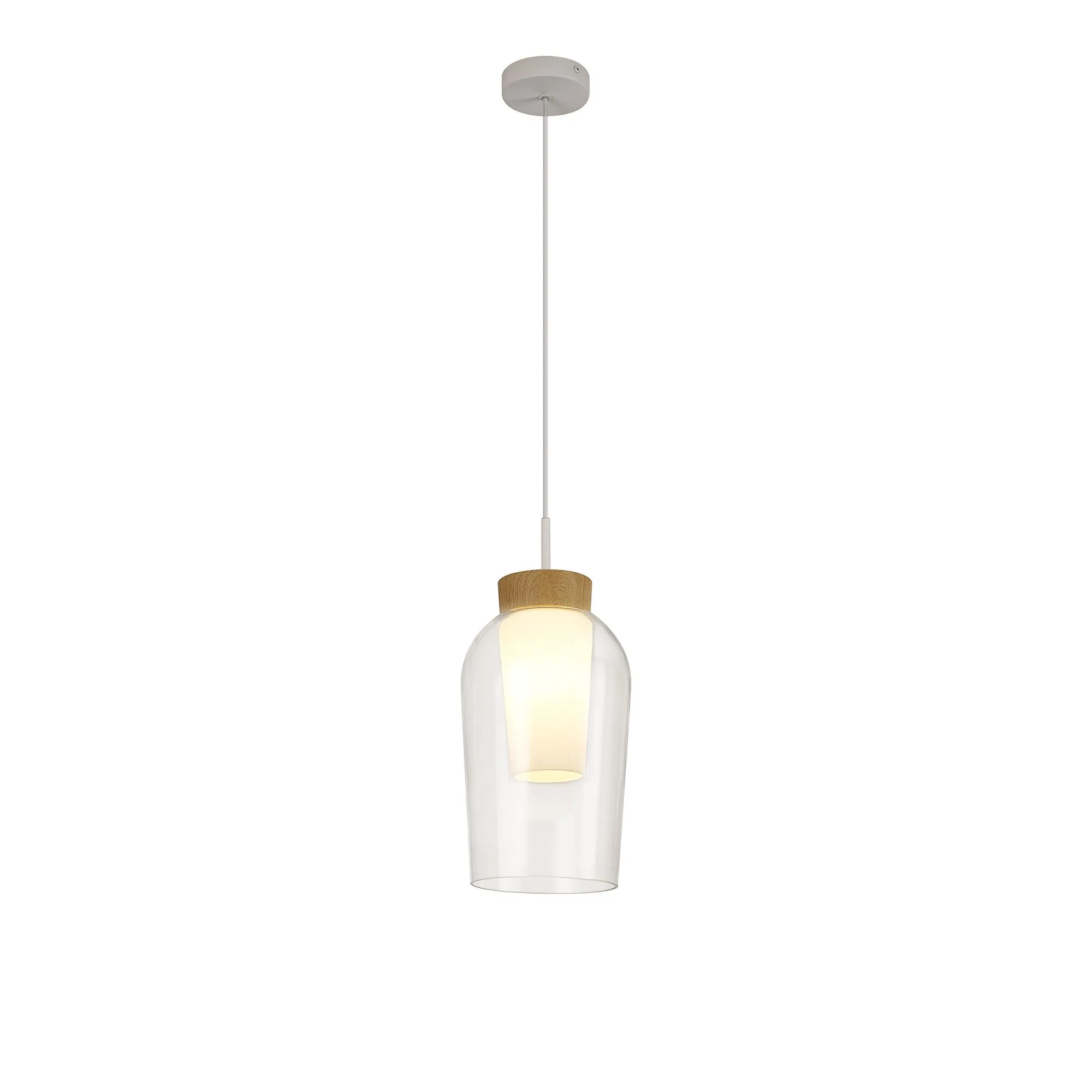 Mantra M8278 Nora Single Pendant White/Wood/Clear Glass With Frosted Inner