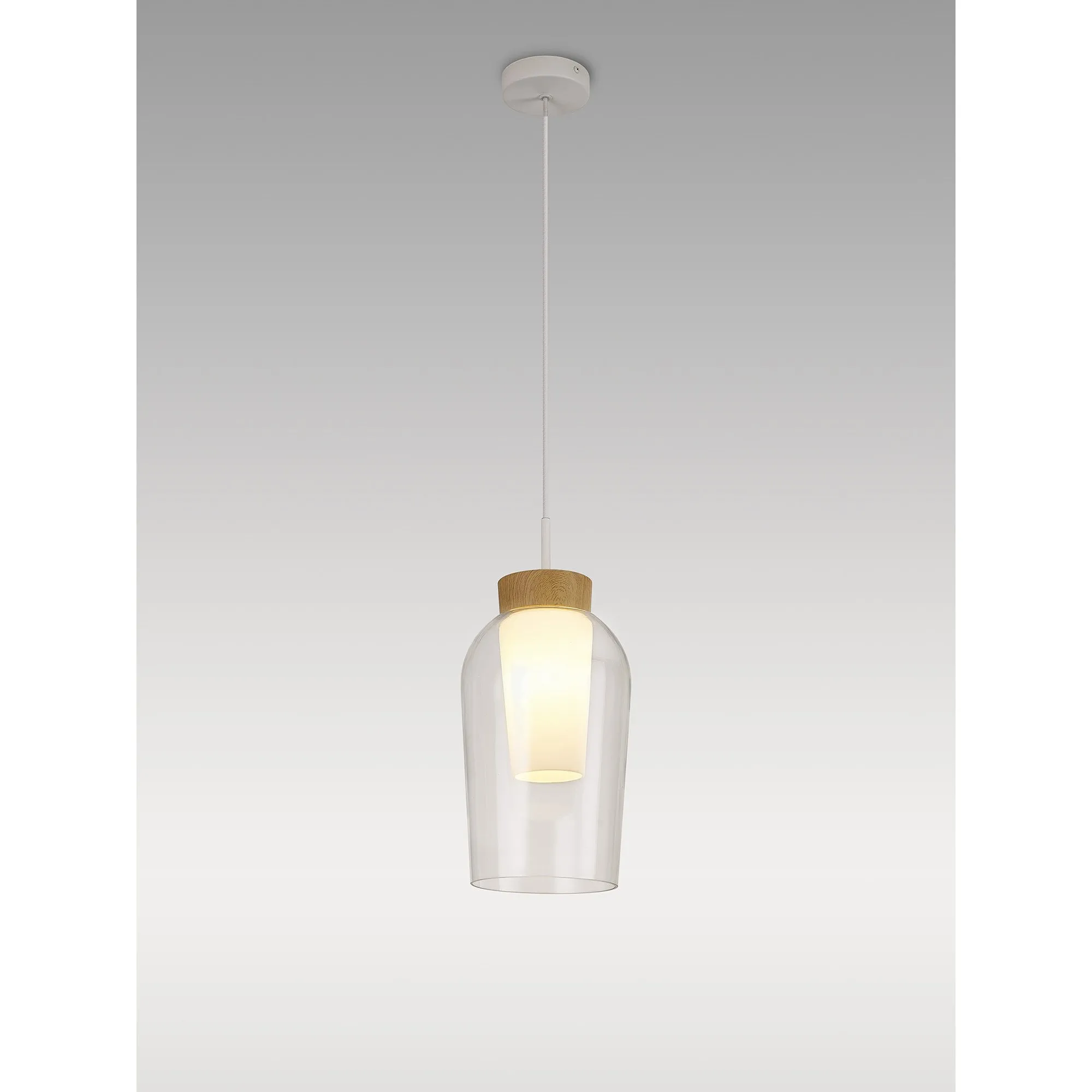 Mantra M8278 Nora Single Pendant White/Wood/Clear Glass With Frosted Inner