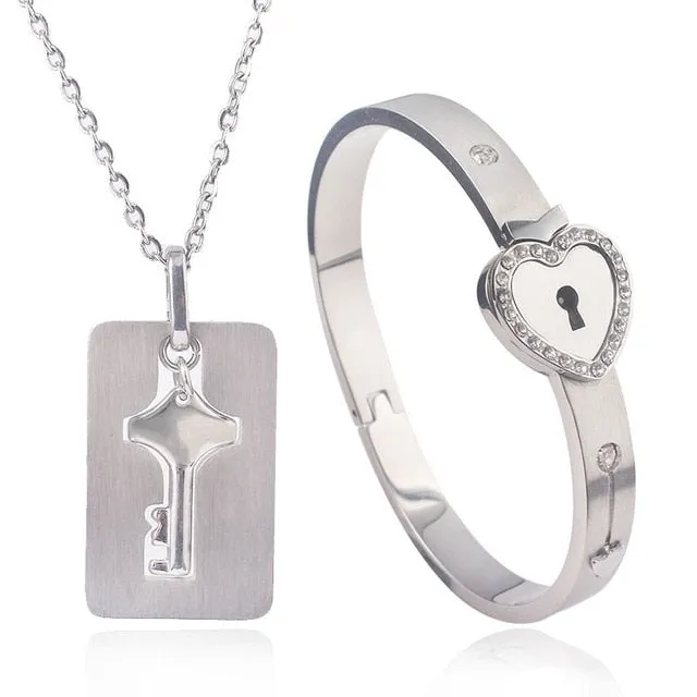 Matching Puzzle Couple Heart Lock Bracelet and Key Pendant Necklace for Lover Jewelry Gift