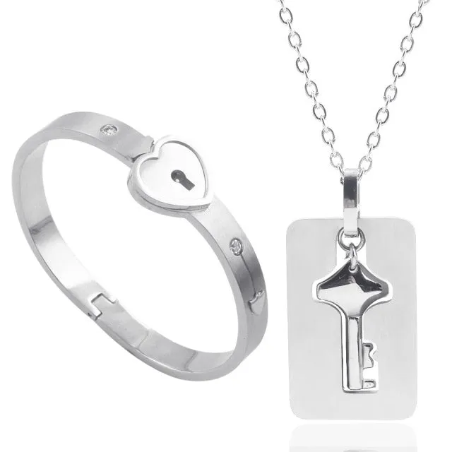 Matching Puzzle Couple Heart Lock Bracelet and Key Pendant Necklace for Lover Jewelry Gift