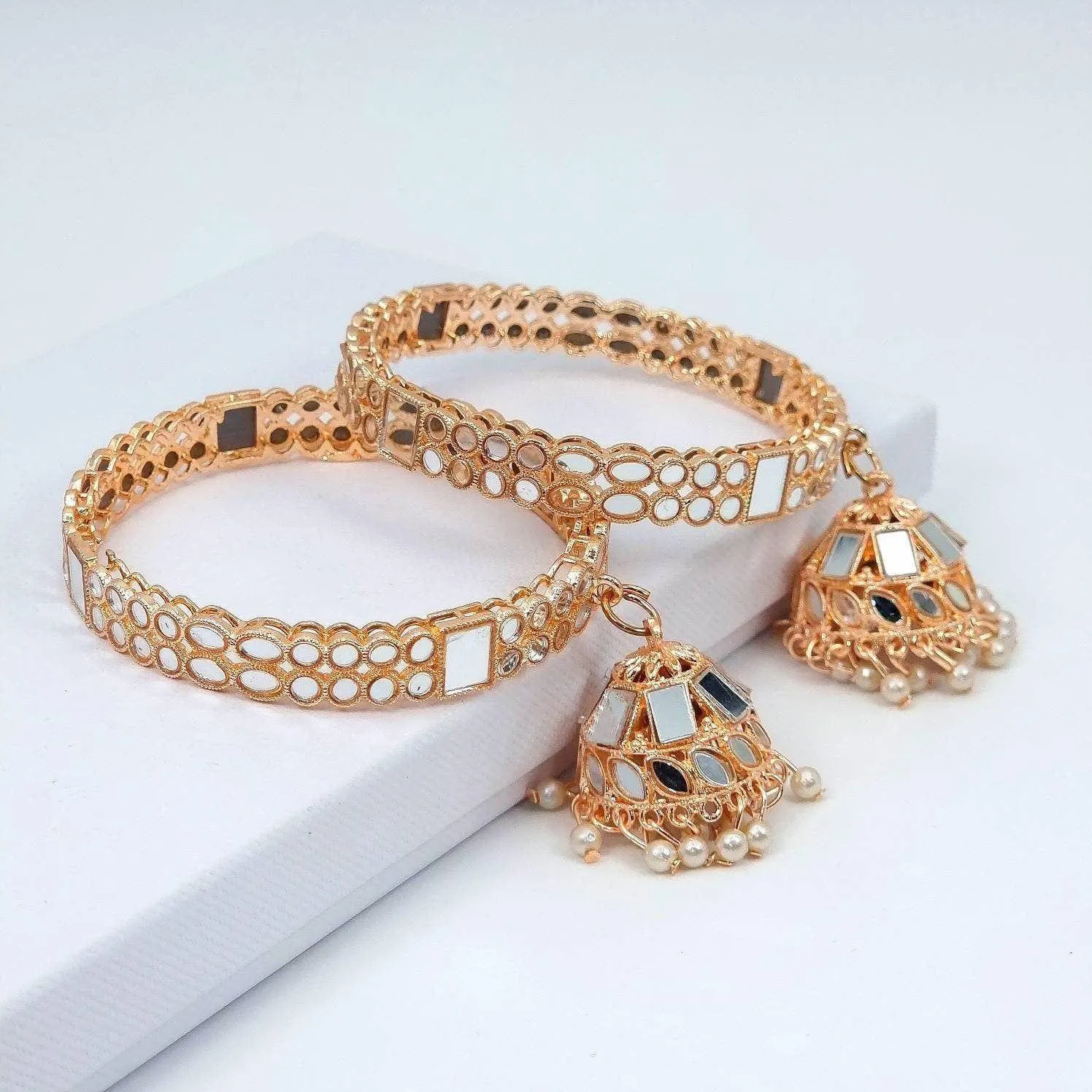 Minahil Rose Gold Mirror Jhumka Bangles