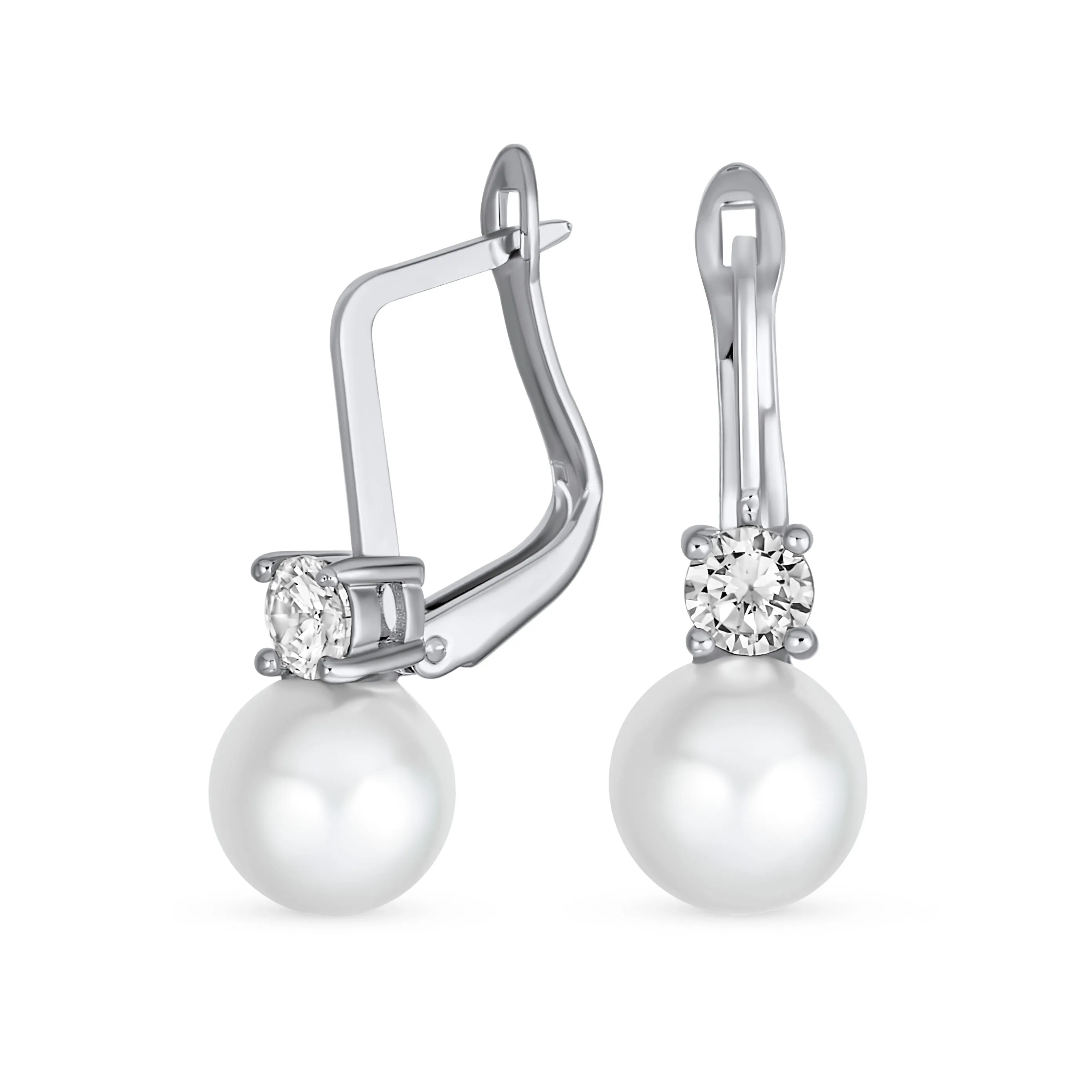 Modern Bridal CZ Round Ball Drop Ball Pearl Earrings Silver Plated