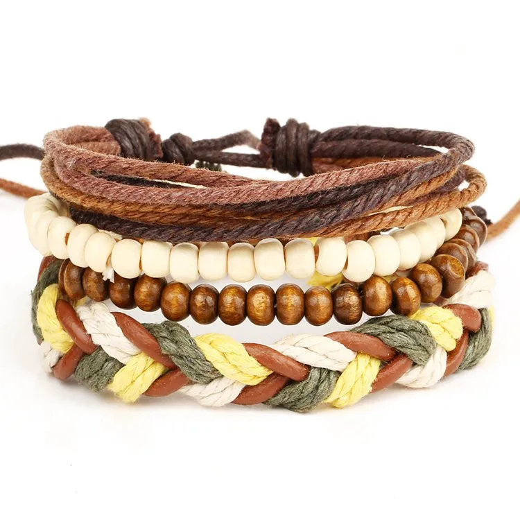 Multilayer Rock Leather Bracelet Men Jewelry Wood Bead Bracelets For Women Vintage Bracelets & Bangles Gift Vintage1Set