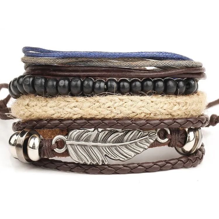 Multilayer Rock Leather Bracelet Men Jewelry Wood Bead Bracelets For Women Vintage Bracelets & Bangles Gift Vintage1Set