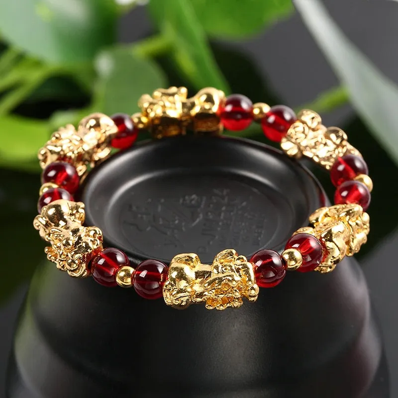 New Yellow Stone PIXIU Bracelet Vintage 3D Red Garnet Beads Feng Shui Lucky Brave Wealth Bracelet for Women Men Bangles