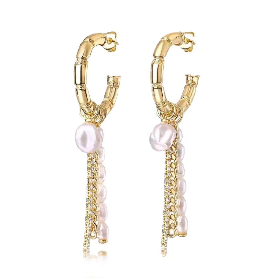 Pre Order: Skeletal C-Shaped Pearl And Chain Dangle Earrings