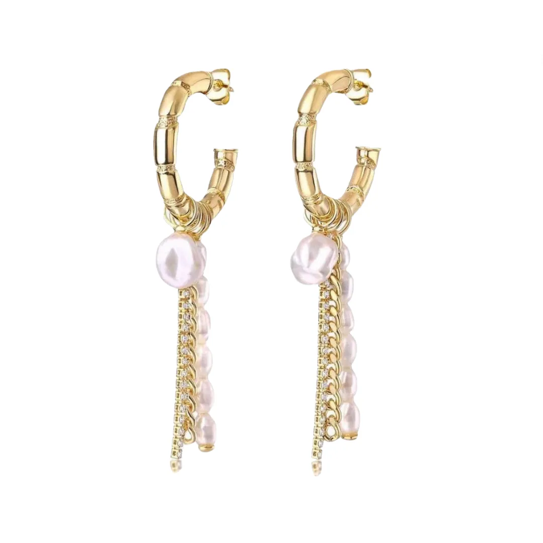 Pre Order: Skeletal C-Shaped Pearl And Chain Dangle Earrings