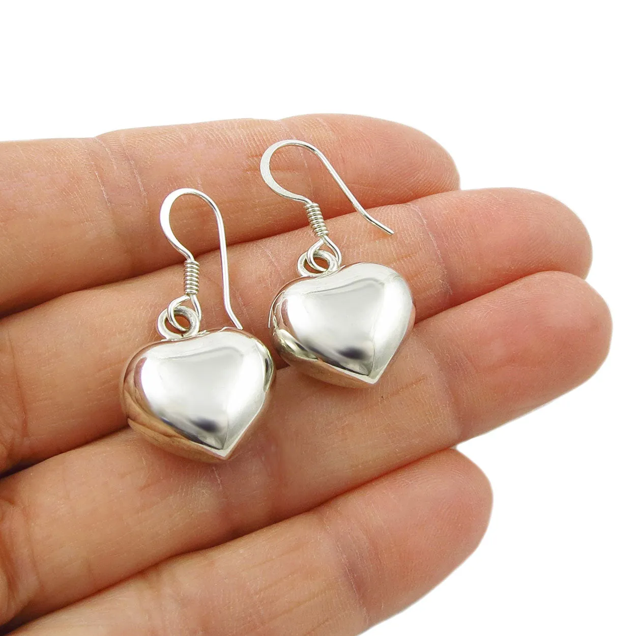 Puffy Love Heart 925 Sterling Silver Polished Dangle Earrings