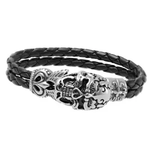 Punk Rock Men's Bracelet Stainless Steel skeleton Skull Biker Bracelet Bangle Black Leather Bracelet Braided Rope Double Layers