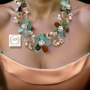 Rare Green Chrysoprase and Pearl Gemstone Flower Statement Necklace