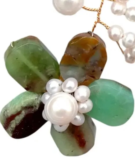 Rare Green Chrysoprase and Pearl Gemstone Flower Statement Necklace