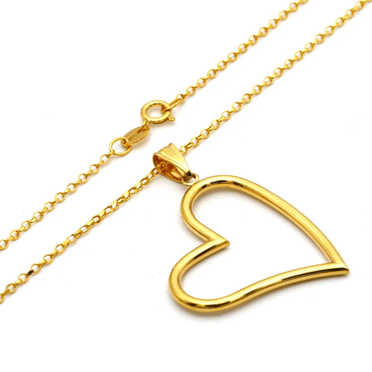 Real Gold 3D Big Heart Necklace with Hollow Rolo Chain 5724 CWP 1671