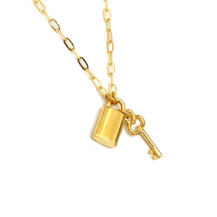 Real Gold Key Lock Love Dangler Paper Clip Necklace 0003 (45 C.M) N1370