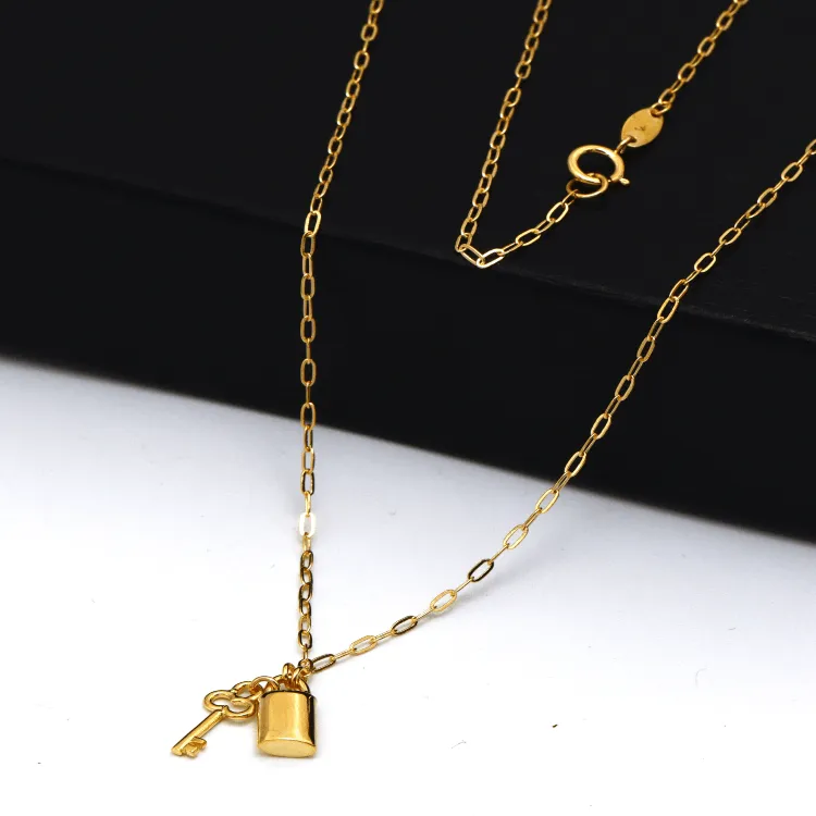 Real Gold Key Lock Love Dangler Paper Clip Necklace 0003 (45 C.M) N1370