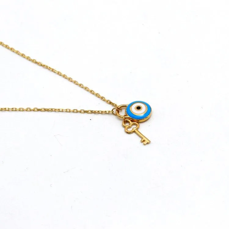 Real Gold Necklace with Evil Eye and Key Dangler Charms - Model 9750 N1425