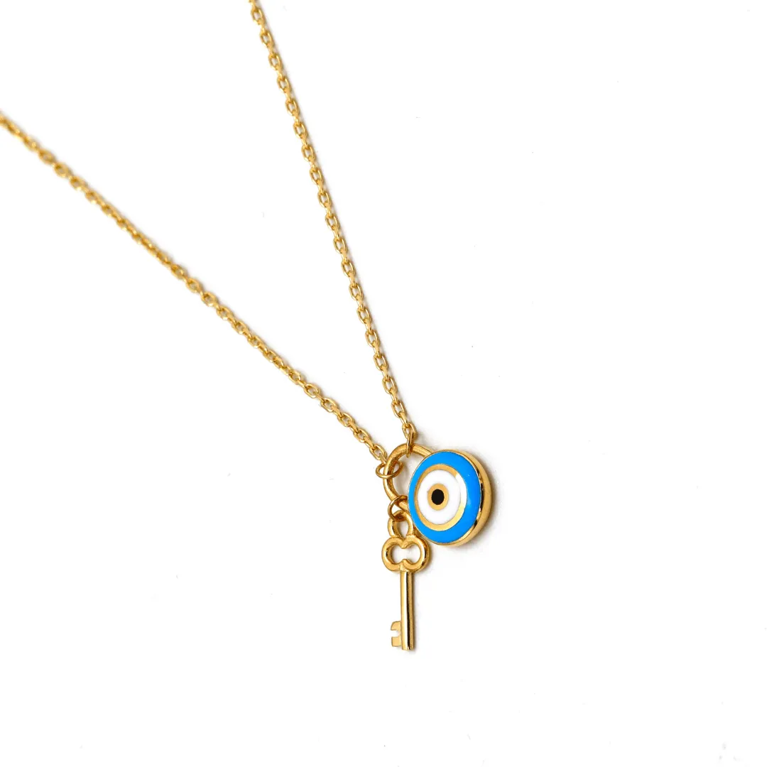 Real Gold Necklace with Evil Eye and Key Dangler Charms - Model 9750 N1425