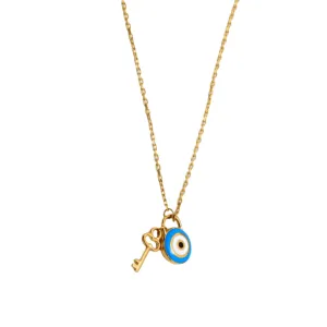 Real Gold Necklace with Evil Eye and Key Dangler Charms - Model 9750 N1425