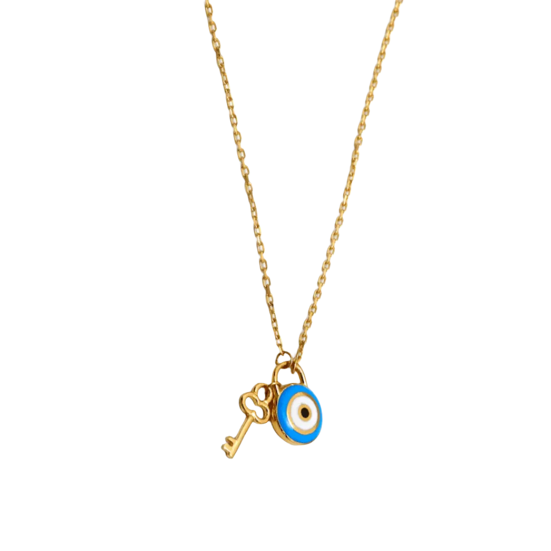 Real Gold Necklace with Evil Eye and Key Dangler Charms - Model 9750 N1425