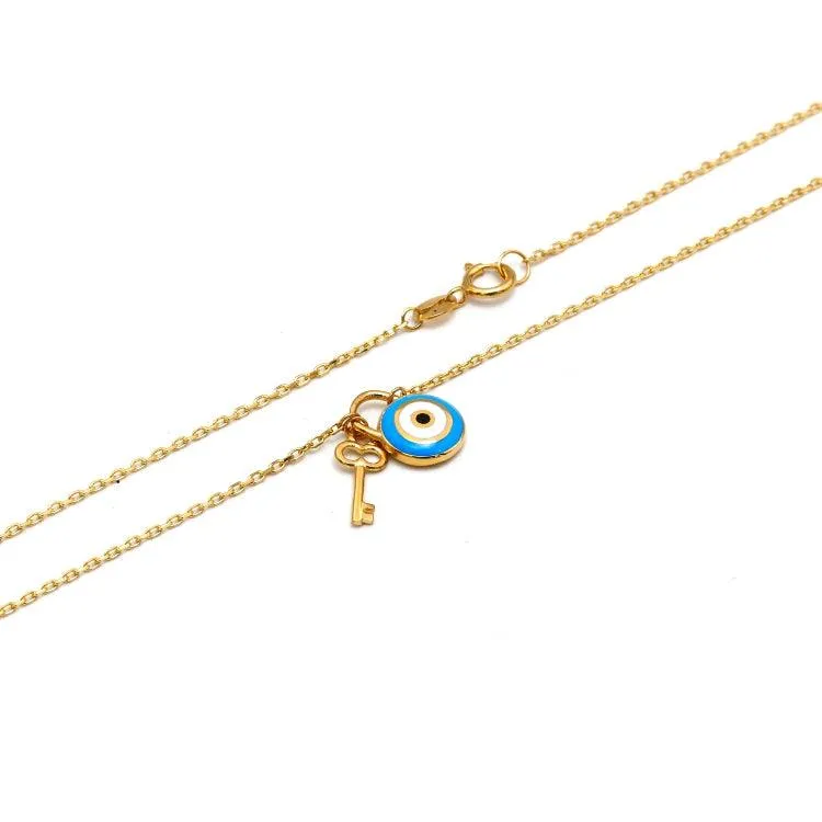 Real Gold Necklace with Evil Eye and Key Dangler Charms - Model 9750 N1425