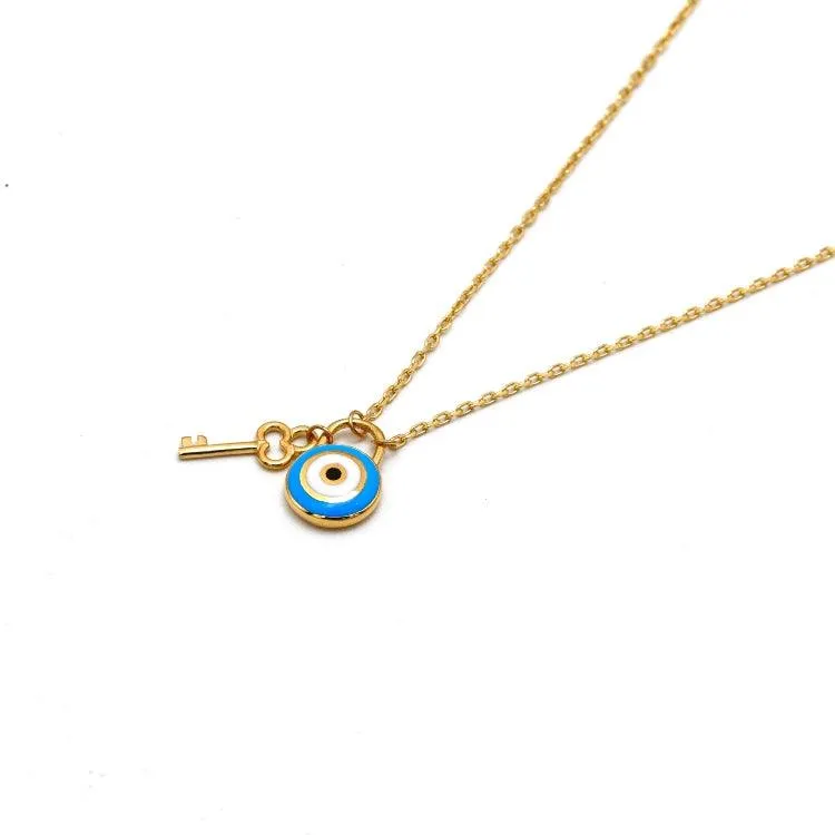 Real Gold Necklace with Evil Eye and Key Dangler Charms - Model 9750 N1425