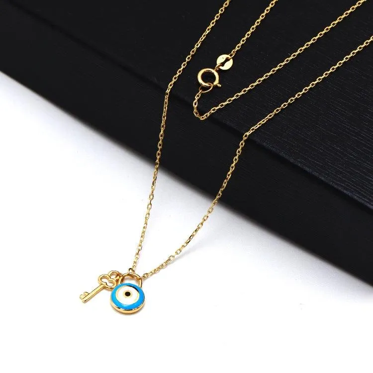 Real Gold Necklace with Evil Eye and Key Dangler Charms - Model 9750 N1425