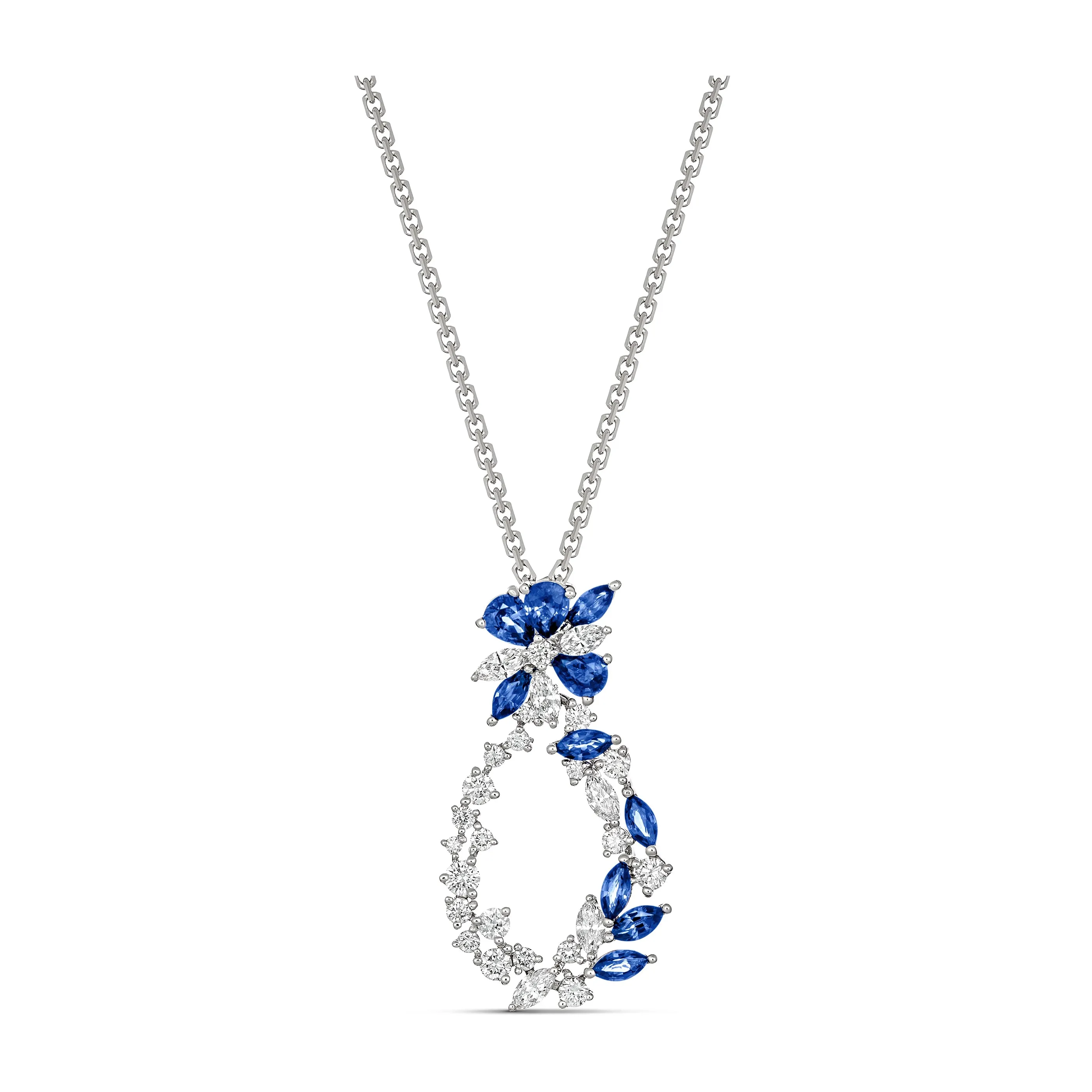 Riviera Cannes Sapphire and Diamond Drop Pendant Necklace | White Gold