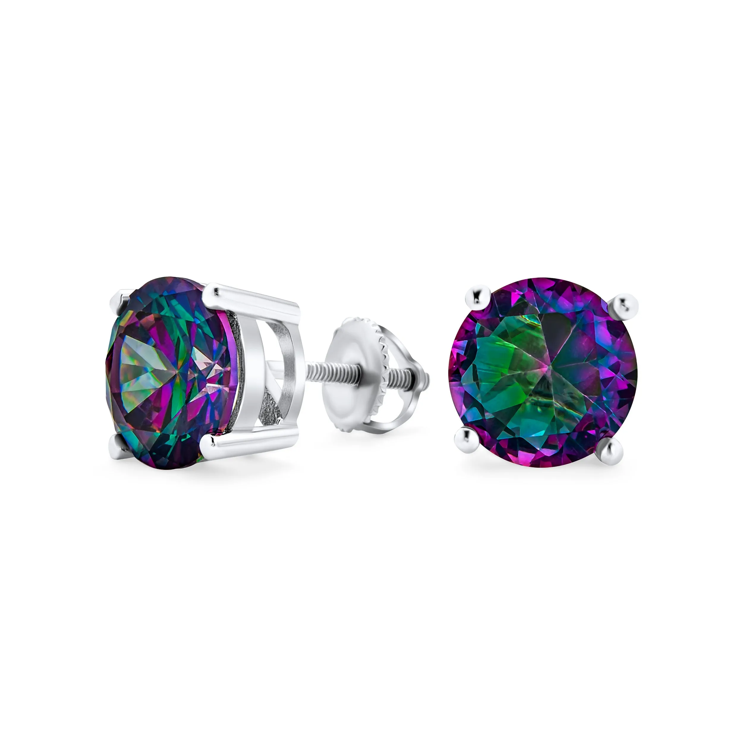 Round Black Mystic Rainbow CZ Stud Earrings Sterling Silver Screw Back 5-9 MM