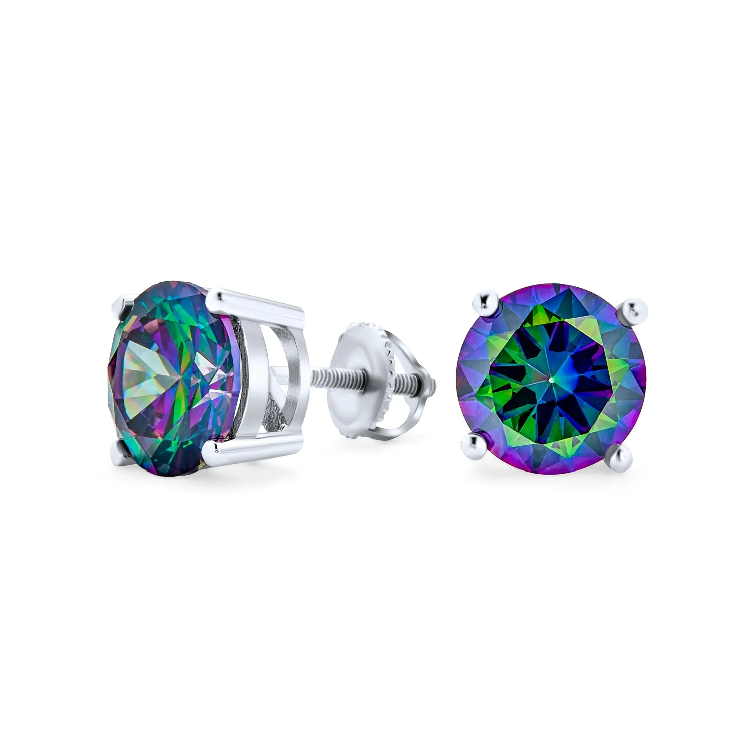 Round Black Mystic Rainbow CZ Stud Earrings Sterling Silver Screw Back 5-9 MM