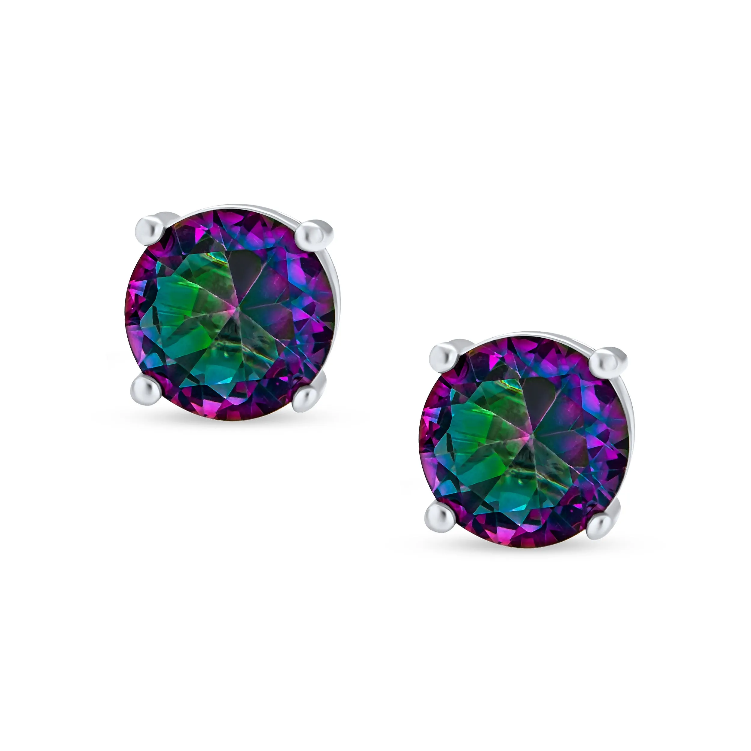 Round Black Mystic Rainbow CZ Stud Earrings Sterling Silver Screw Back 5-9 MM