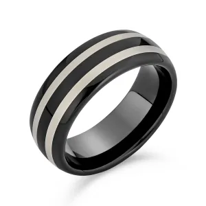 Simple Dome Black Silver Tungsten Wedding Band Ring with Two-Tone Center Stripe Comfort Fit