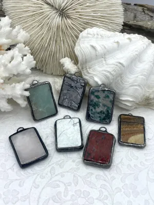 Soldered Natural Stone Pendants, Rectangle Stone Pendants with Gunmetal ,Comes in a variety of patterns, 7 Styles, Natural Stone, Fast Ship.