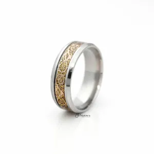 Stainless Steel Beveled Edge Band Ring with Gold Stripe Pattern