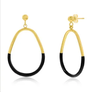 Sterling Silver, Black Enamel Pear-Shaped Earrings - Gold Plated