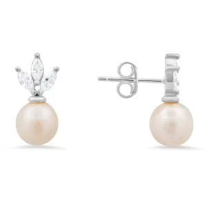 Sterling Silver Marquise CZ & Pearl Stud Earrings