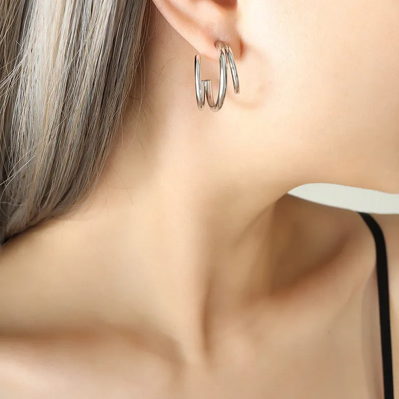 Stylish Multi-Layer C-Shaped Earrings with Titanium Steel - Women's Fashion Jewelry